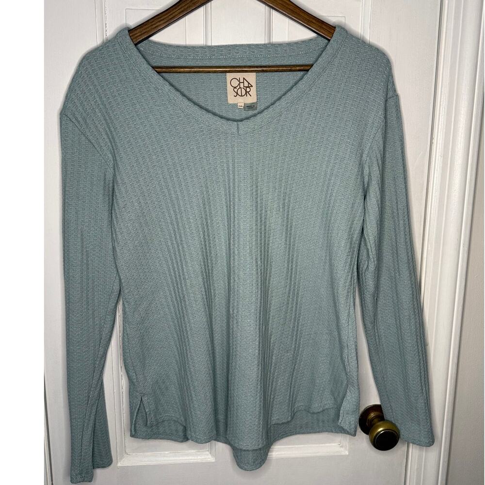 Chaser Seafoam Green Waffle Knit Long Sleeve Pullover Sweater - M